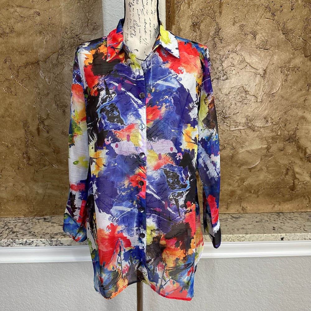 NWT‎ John Mark Blouse Women Large Sheer Abstract Art To Wear Button Front Tunic